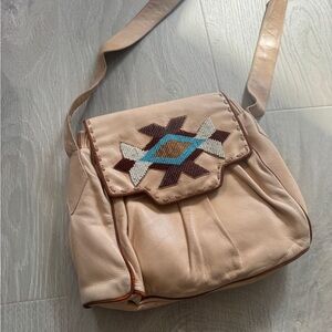 Susan Bennis/Warren Edwards Beige Leather Crossbody with Geometric Beadwork